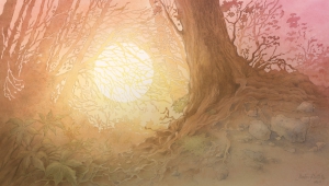 Východ slnka v lese - akvarel