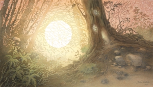 Západ slnka v lese - akvarel